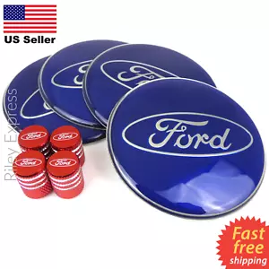 Blue FORD Wheel Center Cap Sticker Decals 2.55" & Red FORD Tire Valve Caps - Picture 1 of 12