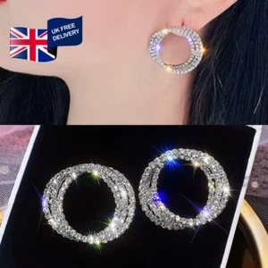 Women Silver Crystal Elements Circle Hoop Earrings Fashion Wedding Jewelry Gifts - Picture 1 of 7