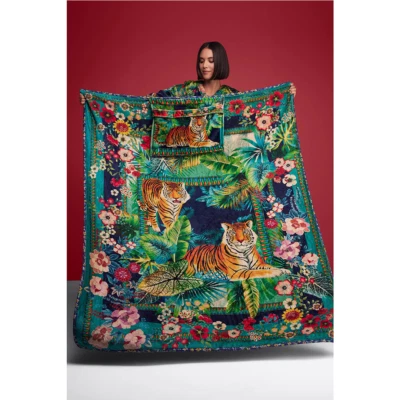 Manta de Viaje Johnny Was Tigres Crema Reversible Azul Floral Hogar Salón NUEVA Foto 1 de 4