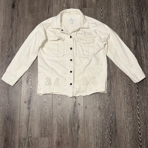 OFF WHITE Giacca jeans Forever 21 Premium ricamata lavaggio leggero bianco sporco taglia XS