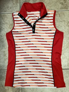 Tail Damen ärmelloses Poloshirt 1/4 Druckknöpfe gestreift Golf Tennis Small rot weiß - Bild 1 von 5