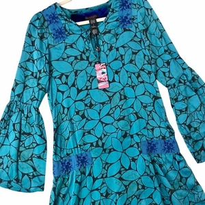 Custo Barcelona 100% Silk Mini Dress NWT Boho Bell Sleeve Velvet Trim Women’s M - Picture 1 of 9