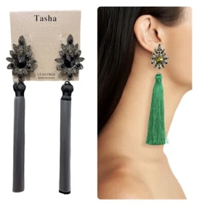 Pendientes colgantes Tasha para mujer con cuentas y borla - sin plomo - negros - Imagen 1 de 3
