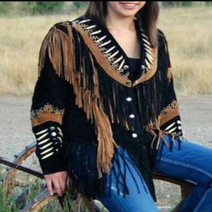 Damen Indianer Western Cowboy Lederjacke schwarz & Kontrast Fransen - Bild 1 von 4