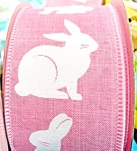 Easter 2.5" by 2 yards Large White Bunnies on Pink Wired Ribbon Spring Rabbits - Picture 1 of 4
