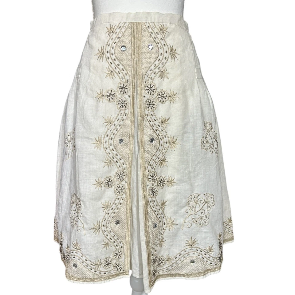ANNE CARSON Womens Skirt Ivory Linen Beige Embroidery  Beaded Knee Length sz 14 - Image 1 of 4