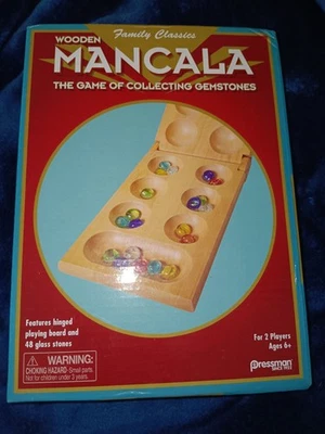 NEW Wooden Mancala Game by Pressman Family Classics Board Game 48 Glass Stones - Image 1 of 4