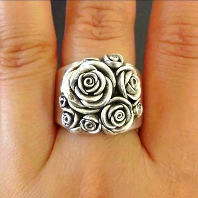 Vintage Style Silvery Rose Flower Ring Size 11 - Image 1 of 4