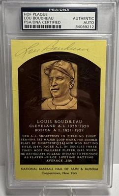 Lou Boudreau Baseball Yellow HOF Plaque Signed Postcard Autograph Auto PSA DNA - Image 1 of 2