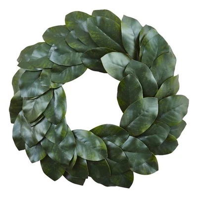 Nearly Natural 24" Circular Pattern Magnolia Leaf Wreath in Green - Image 1 of 4