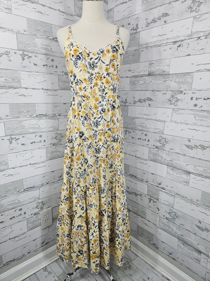 Joie Yellow Gray Floral V Neck Smocked Back Maxi Dress Tiered Skirt Womnes 8 - Image 1 of 4