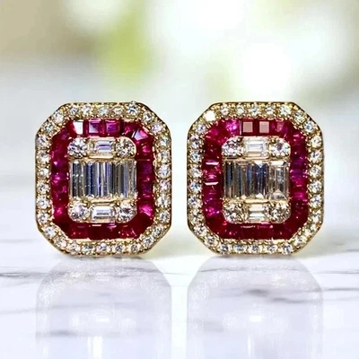 FINE 3.50 Ct Emerald Red Diamond & Ruby Cluster Stud Earrings 14k Gold Plated - Image 1 of 3