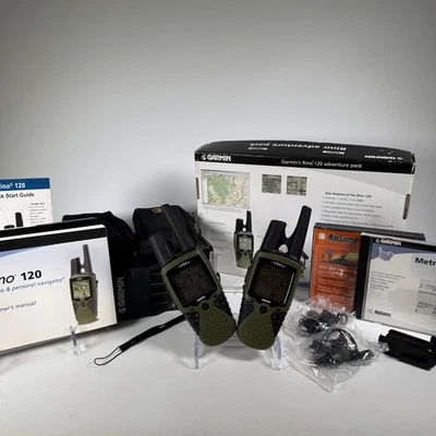 2 Garmin Rino 120 Handheld Hiking GPS Navigator & 2-Way Radios W/ Cases Bundle - Image 1 of 4