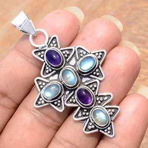 Labradorite With Amethyst Gemstone Pendant 925 Sterling Silver New Work Cross - Picture 1 of 8