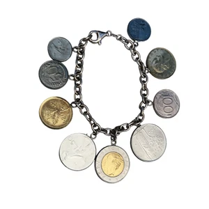925 Sterling Silver 8" Rolo Chain Bracelet 9 Lire Coin Milor Italy Italian 57G - Picture 1 of 11