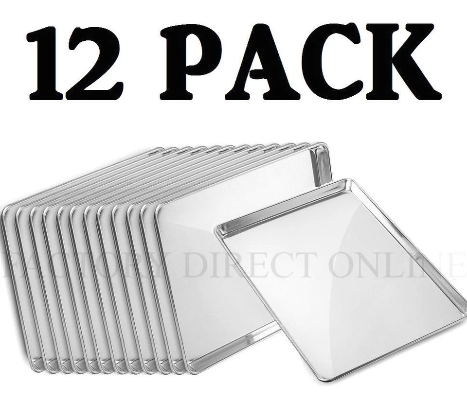 12 PACK Full Size Aluminum 18" x 26" Bun Sheet Baking Pan Wire in Rim Commercial - Image 1 of 4