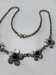 925 sterling silver necklace black Onyx Flower Motif - Picture 1 of 4