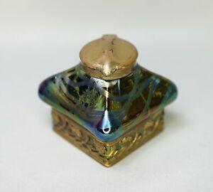 1900 Loetz Art Nouveau Iridescent Glass Inkwell Ink Pot Metal Mounted