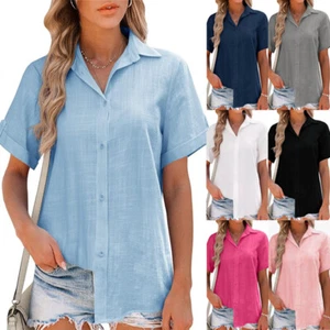 Women Blouse Shirt Short Sleeves Linen Cotton Casual Baggy Loose Button Tops Tee - Picture 1 of 18