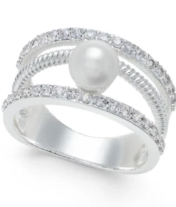 Charter Club Ring Imitation White Pearl Multi Band Crystal Silver-tone Size 6 - Picture 1 of 8