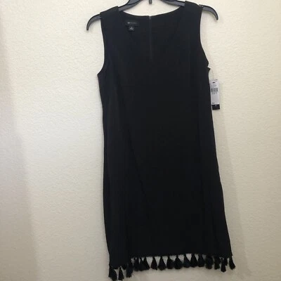 AB STUDIO Womens 4 V-Neck Fringe Hem Black Dress Pockets Sleeveless NWT $69 - Image 1 of 4