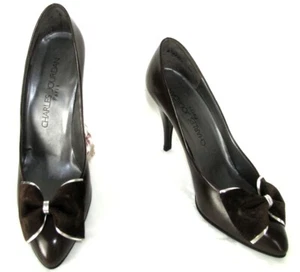 Charles Jourdan Vintage Dark Brown Leather Heels & Silver 7.5 38.5 New - Picture 1 of 7