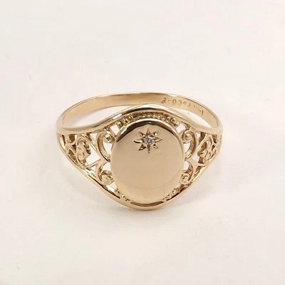 艺术装饰 14k 金色椭圆形印章金银丝戒指 儿童天然钻石 尺寸 5 可雕刻 — 第 1/4 张图片