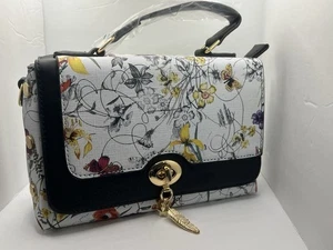 Floral w/ Black  Crossbody Bag w/ Handle w/ Twist Closure & Flap Over Tote Purse - Picture 1 of 15