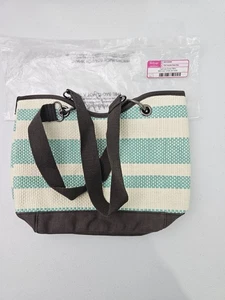 Thirty One 31 Canvas Crew Mini Straw Tote Bag Purse Turquoise Straw Stripe - Picture 1 of 6