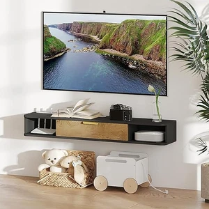 Floating TV Unit Stand Wall Mounted Cabinet Shelf Drawer Storage Grey Wood - Picture 1 of 11