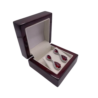 WHITE GOLD FINISH Red Ruby pear cut created diamonds droplet earrings - Image 1 of 4