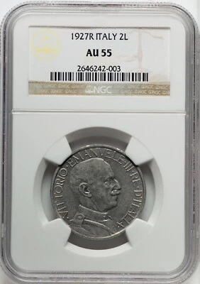 ITALY  KINGDOM  1927-R   2 LIRE COIN, NGC CERTIFIED AU55, SCARCE DATE - Image 1 of 2