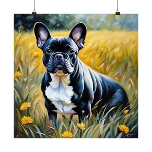  French Bulldog in Vibrant Garden, Oil Painting, Yellow Flowers, Frenchie Art - Picture 1 of 31