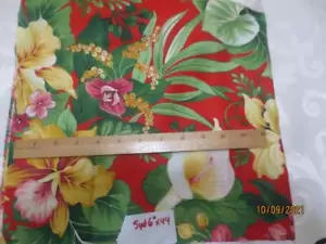 5 yds 6" x 44" vintage tropical pink & yellow floral on red 100% cotton fabric - Picture 1 of 1