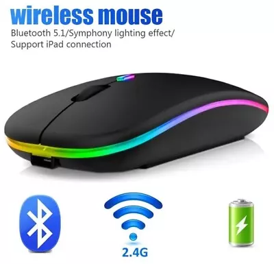 New Slim Silent Rechargeable Wireless Mouse RGB LED USB Mice MacBook Laptop PC - Image 1 of 4