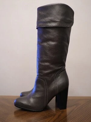 New TALBOTS Pewter Pebbled Leather High Heel Knee High Cuffed Boots Size 5 1/2B - Image 1 of 4