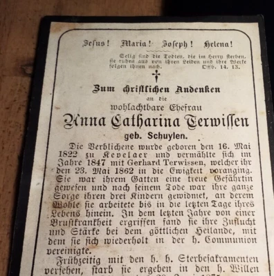 Anna Catharina Terwissen geb. Schuylen 1822 Kevelaer 1875 Ablaßgebet Totenzettel - Bild 1 von 2