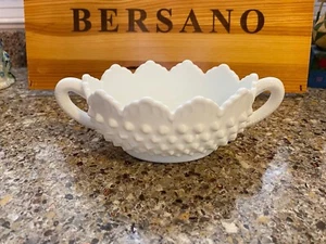 Vintage FENTON Hobnail White Milk Glass Double Handled Open Dish Scallop Edge - Picture 1 of 2