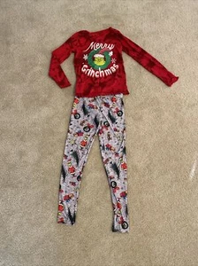 Red Girls 10/12 Grinch Outfit Merry Grinchmas Long Sleeve Shirt & Grey Leggings - Picture 1 of 11