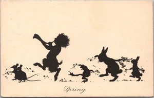 Postal artística vintage 1929 Inglaterra SILHOUETTE SERIES "PRIMAVERA" hada/animales - Imagen 1 de 2