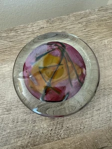 Glass Disk Paperweight 5” Round Pink Orange Gray Abstract Art - Picture 1 of 9