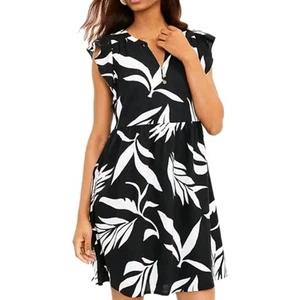 LOFT Dress Women's Medium Black White Palm Ruffle Cotton Tropical Coastal Summer - Picture 1 of 15
