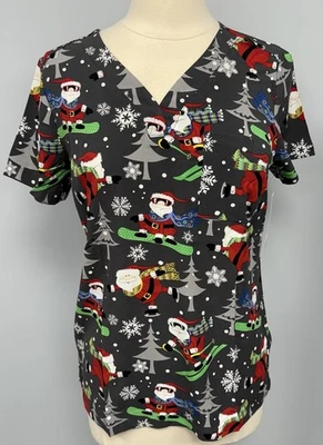 NWT Buttersoft Christmas Holiday  Scrub Top S Santa Winter Sports Gray Scrubs - Image 1 of 4