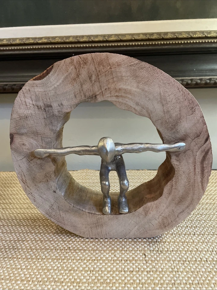 Art Metal Person In Wooden Circle Taking The Plunge - Image 1 of 4