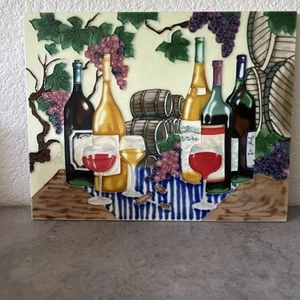 Vintage Glazed Ceramic Tile Wine Tasting Barrels Wall Decor Felt Back 14 x 11" - Picture 1 of 7