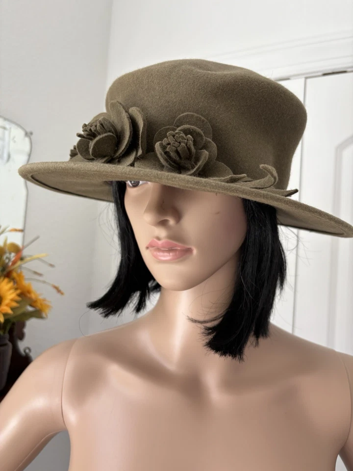 Vintage 60s Frank Olive Saks 5th Ave Mad Hatter Taupe Felt Hat Flower Appliqués - Image 1 of 4