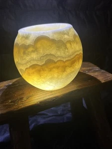 Autentica urna/vaso egiziano in pietra di alabastro intagliato 4 1/2" pesante portacandele - Foto 1 di 10