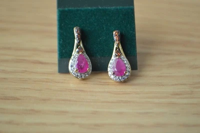 1.90ct Premium Ruby / Zircon Dangle Earrings 18K YG over Fine Silver ~ Tiny - Image 1 of 4