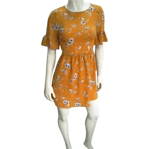 Yellow Floral Dress Women's Short Sleeve Ruffle Trim Casual Mini Dress NWOT - Picture 1 of 9