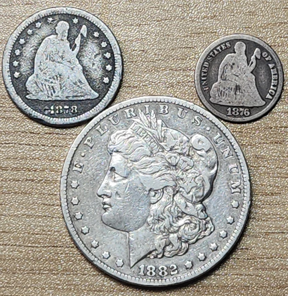 👀 Carson City Silver! 1882 CC Morgan Dollar, 1878 CC Quarter, 1876 CC Dime MSXL - Image 1 of 4